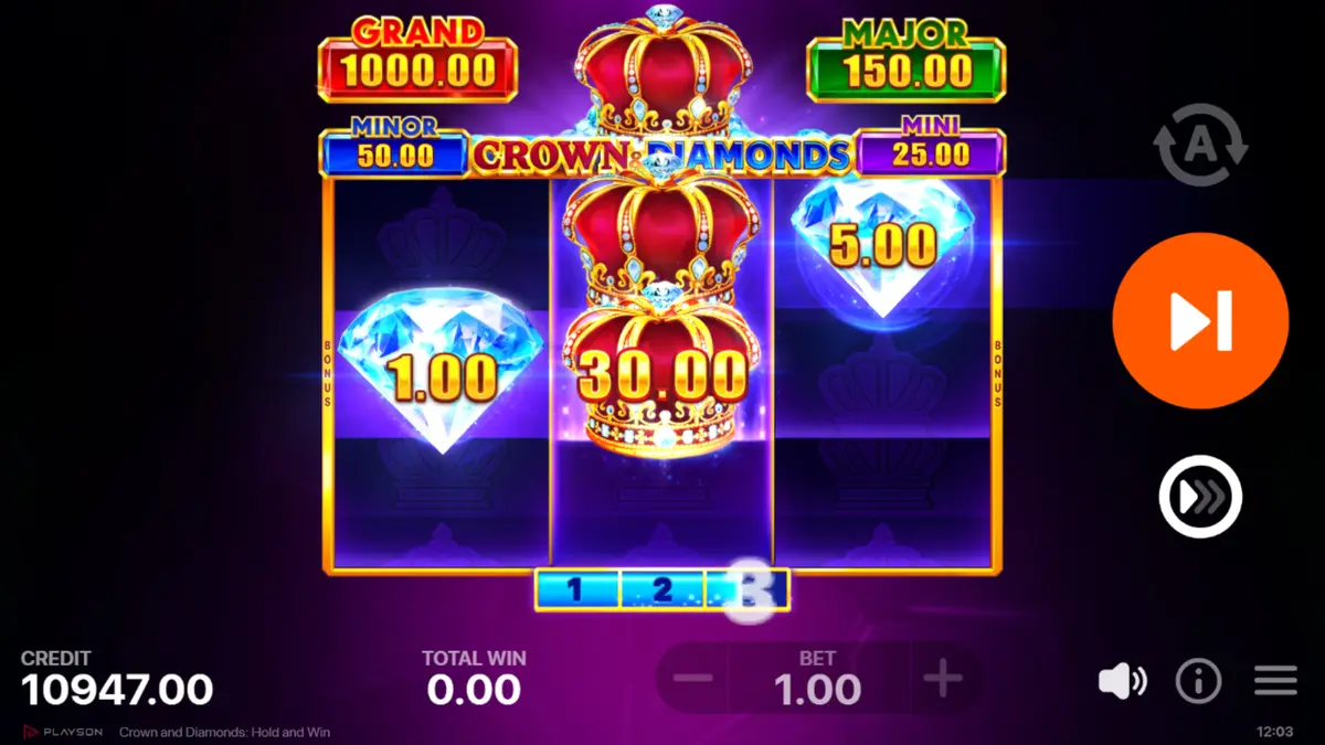Close-up of bonus symbols showing printed x1, x5 and x15 bet values on the reels