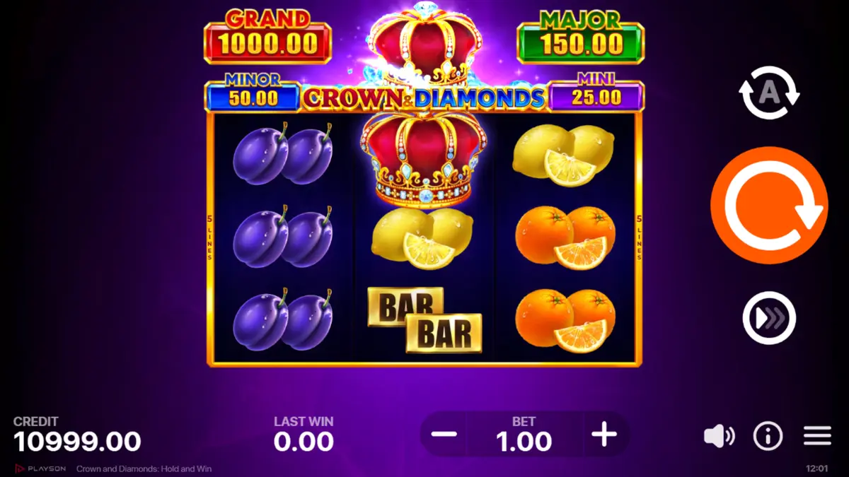 Fruit machine symbols filling the 3x3 reels under the MINI, MINOR, MAJOR and GRAND plates