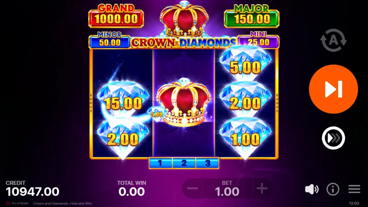 Bonus round grid with the re-spins counter at 3 and several sticky bonus symbols in place